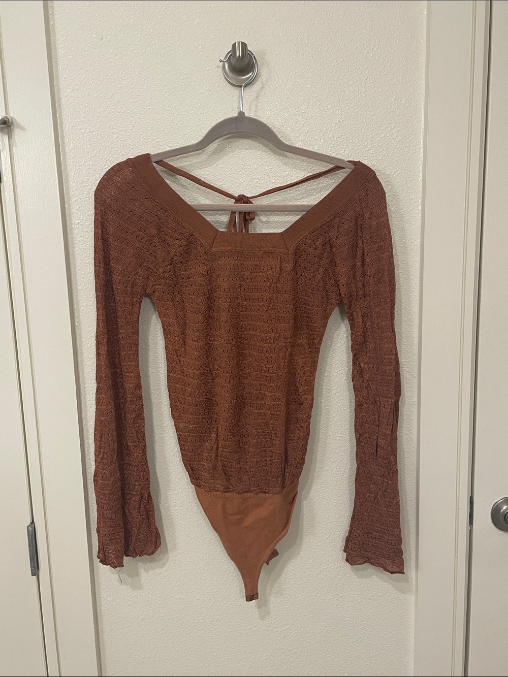Free People Rust Knit Long-Sleeve Bodysuit with Back Tie
